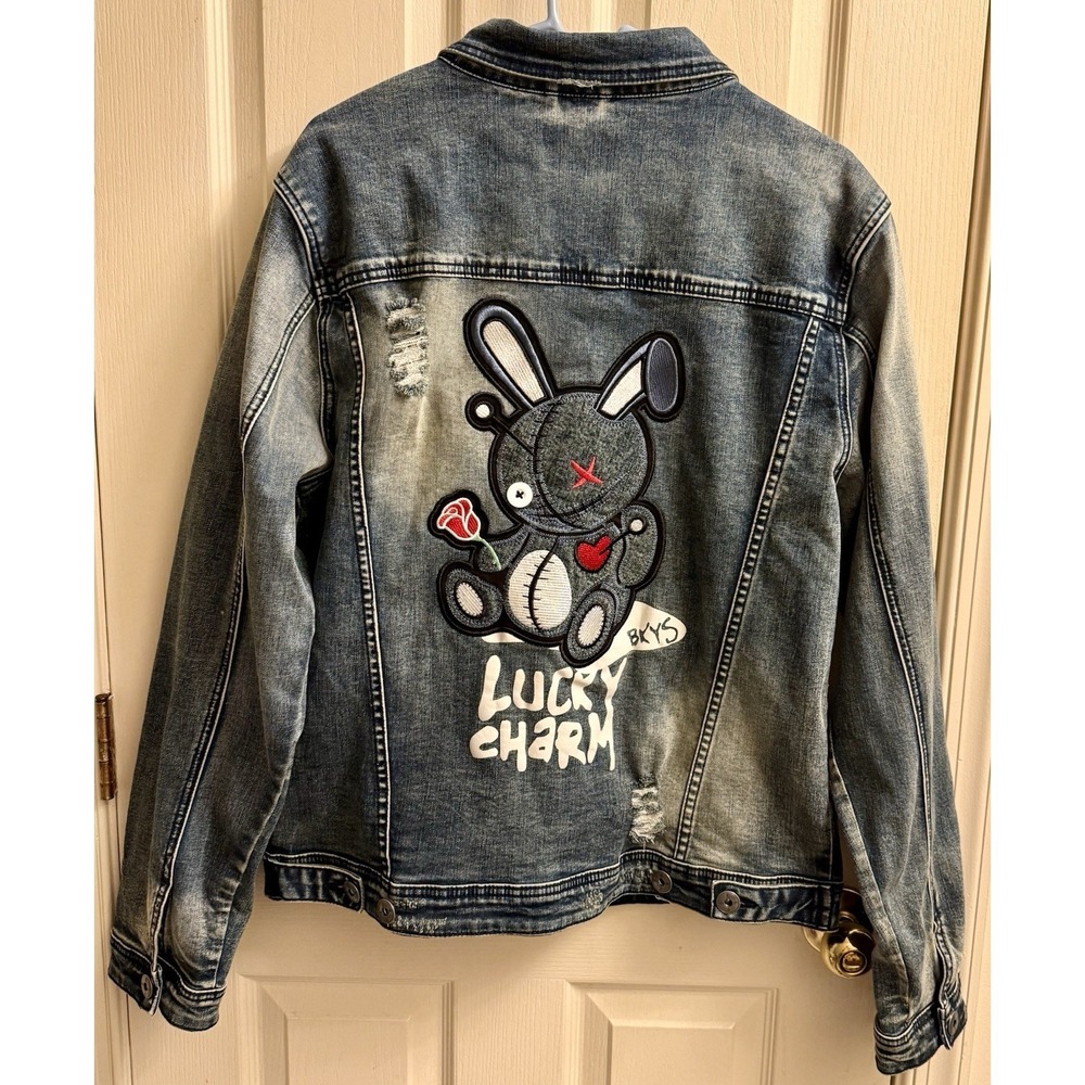BKYS "Lucky‎ Charm" Blue Denim Jacket  Factory Distressing Mens Large